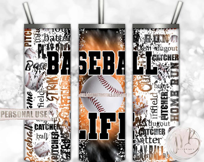 Baseball Life 20oz Skinny Tumbler Wrap Sublimation Download • Orange and Black Tie Dye Typography Baseball Gift • DIY Print and Press