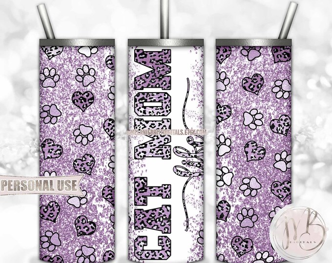 Purple Cat Mom Life 20oz Skinny Tumbler Wrap Sublimation Design Download • Paw Prints Leopard Print Hearts Cat Mom Gift • DIY Print & Press