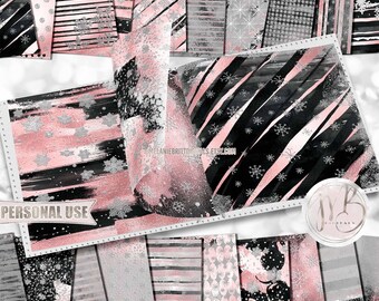 Pink and Black Artsy Snowflakes Scrapbook Paper Download • Artistic Winter Paint Splashes Strokes • Printable Paper Crafts 20 12x12 JPG PDF