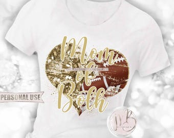 Gold Mom of Both Heart T-Shirt Sublimation Design Download • Football Collage and Cheer Poms Sports Mom T-Shirt Gift • DIY Print and Press