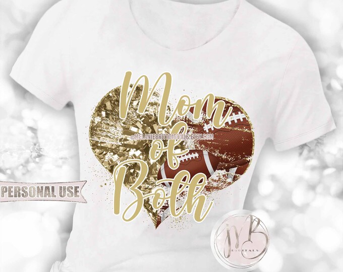 Gold Mom of Both Heart T-Shirt Sublimation Download • Football Collage and Cheer Poms Sports Mom T-Shirt Gift • DIY Print and Press