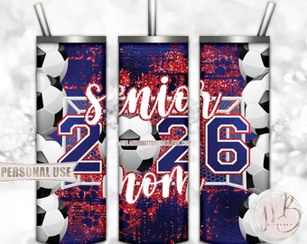 Soccer Senior Mom 2026 20oz Skinny Tumbler Wrap Sublimation Design Download • Blue and Red Glitter Paw Prints Mom Gift • DIY Print and Press
