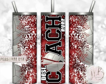 Maroon Volleyball Coach 20oz Skinny Tumbler Wrap Sublimation Design Download • Lanyard Whistle "Best Coach Ever" Gift • DIY Print and Press