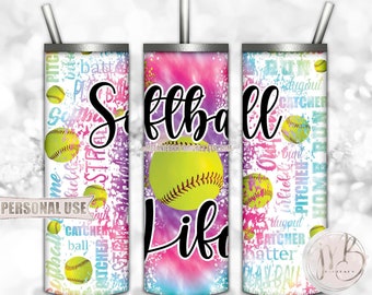 Softball Life 20oz Skinny Tumbler Wrap Sublimation Design Download • Rainbow Tie Dye Scattered Softballs Sports • Sublimation Crafts