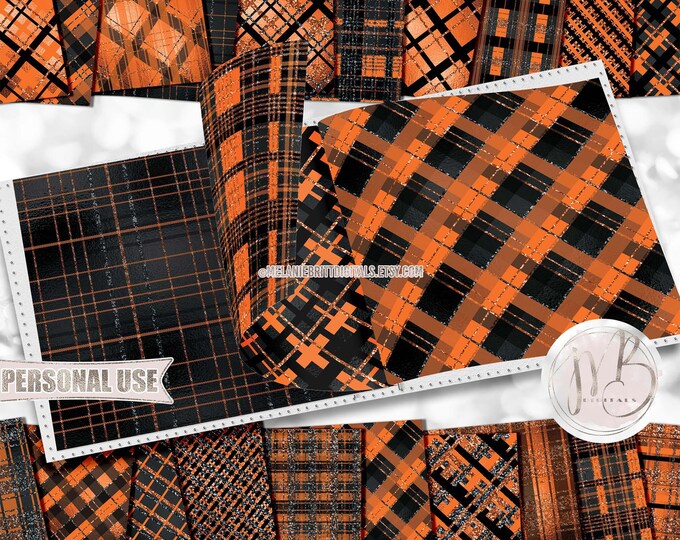 Halloween Glitter Plaid Scrapbook Paper Download • Orange and Black Holiday Sparkle • DIY Scrapbooking Printable 20 12x12 JPG & PDF