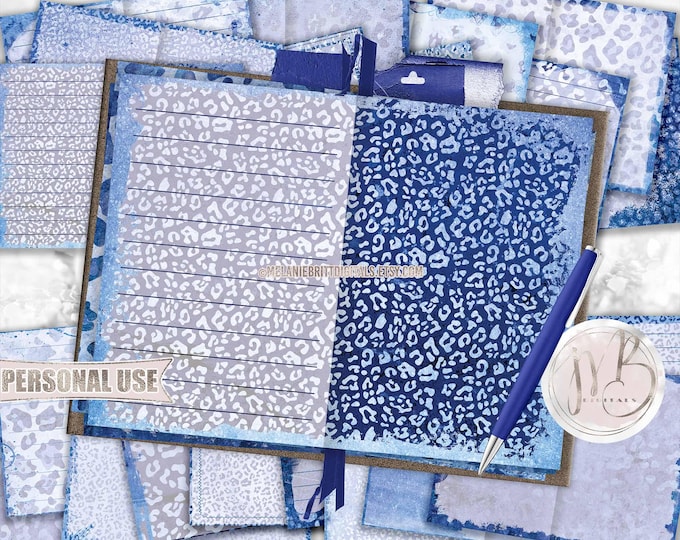Leopard Junk Journal Pages Download • Blue Grunge Distressed Vintage Worn Antiqued • Journaling Printable