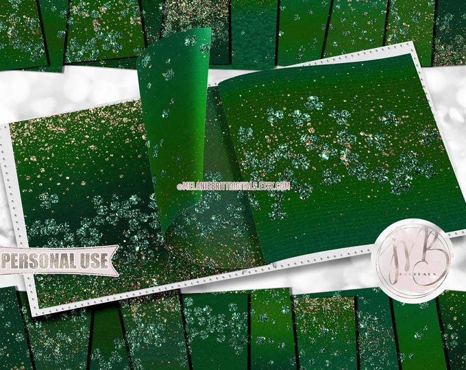 St Patrick's Day Glitter Dust Scrapbook Paper Download • Green and Gold Clover Shamrock Design • Printable Paper Crafts 20 12x12 JPG & PDF