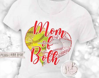 Red Baseball and Softball Mom of Both Heart T-Shirt Sublimation Download • School Sports Ball Park Mom Gift • DIY Print and Press