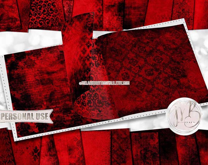 Red Distressed Victorian Damask Scrapbook Paper Download • Dark Antiqued Worn Grunge • Scrapbooking Printable