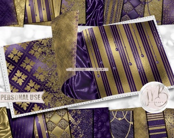 Dark Purple and Gold Classy Scrapbook Paper Download • Sophisticated Design Diamonds Glitter Foil • Printable Paper Crafts 20 12x12 JPG PDF