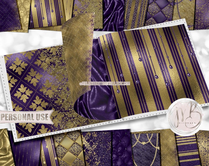Dark Purple and Gold Classy Scrapbook Paper Download • Sophisticated Design Diamonds Glitter Foil • Printable Paper Crafts 20 12x12 JPG PDF