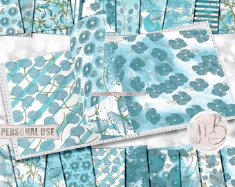 Light Blue Hand Painted Floral Scrapbook Paper Download • Pretty Watercolor Flowers Design • DIY Printable Paper Crafts 20 12x12 JPG & PDF
