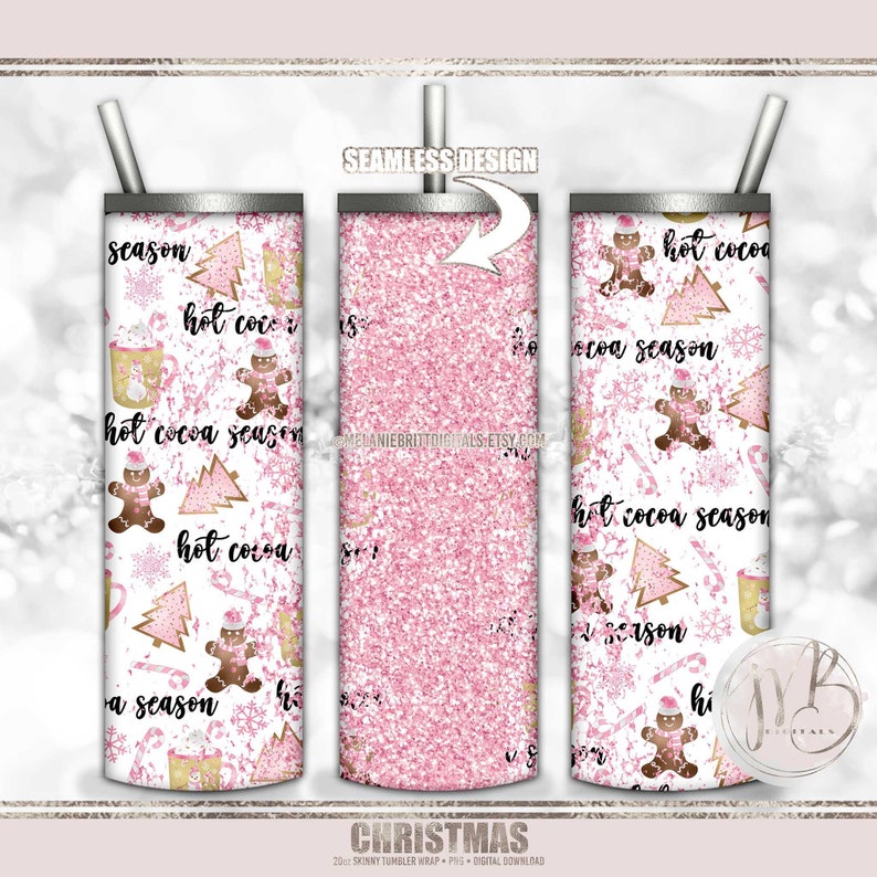 Pink Christmas Sublimation 20oz Skinny Tumbler Wrap PNG Download • Gingerbread Candy Canes Snowflakes Hot Cocoa Glitter • Seamless Design ©2014-current Melanie Britt Digitals™ All Rights Reserved.