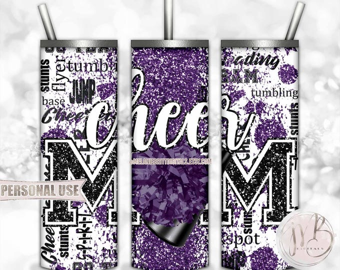 Purple Cheer Mom Glitter 20oz Skinny Tumbler Wrap Sublimation Design Download • Typography Pom Megaphone Cheer Mom Gift • DIY Print & Press