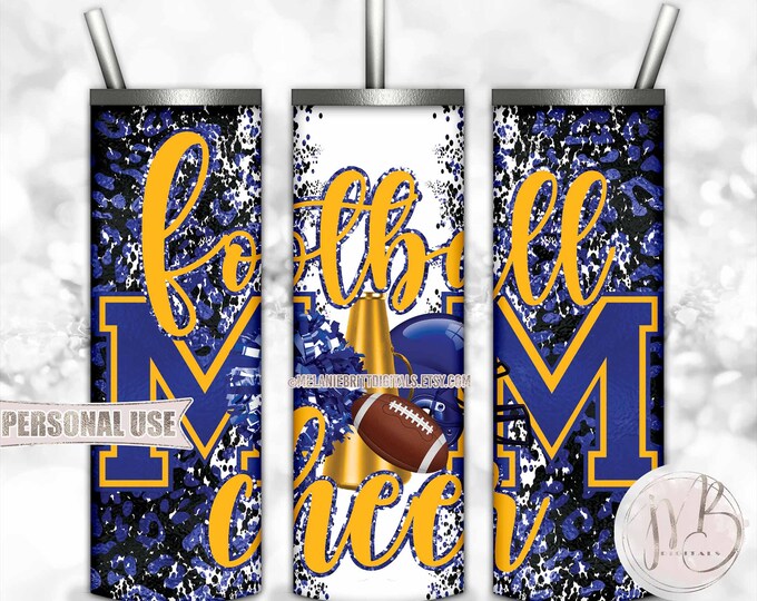 Blue Athletic Gold Mom of Both Football and Cheer 20oz Skinny Tumbler Wrap Sublimation Download • Leopard Mom Gift • DIY Print and Press