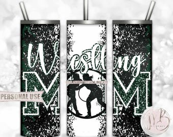 Dark Green Girl Wrestling Mom 20oz Skinny Tumbler Wrap Sublimation Download • Glitter Varsity Letters Wrestler Mom Gift • DIY Print & Press