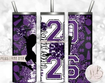 Purple Cheer Senior 2026 20oz Skinny Tumbler Wrap Sublimation Design • Pom Poms Megaphone Glitter Cheerleader Gift • DIY Print and Press