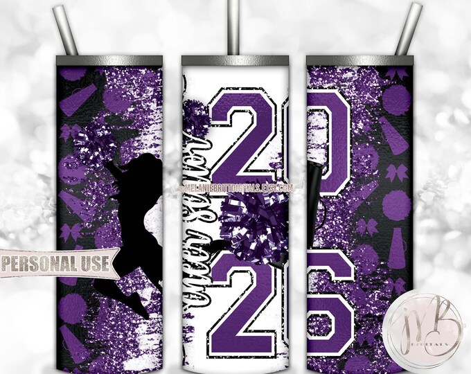 Purple Cheer Senior 2026 20oz Skinny Tumbler Wrap Sublimation Design • Pom Poms Megaphone Glitter Cheerleader Gift • DIY Print and Press