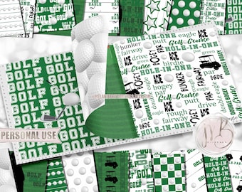 Green Golf Scrapbook Paper Download • Golf Course Club Cart Boy and Girl Golfer Sports • DIY Scrapbooking Printable