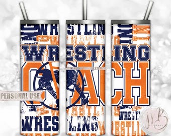 Navy and Orange Boy Wrestling Coach 20oz Skinny Tumbler Wrap Sublimation Design • Wrestling Typography Coach Gift • DIY Print and Press