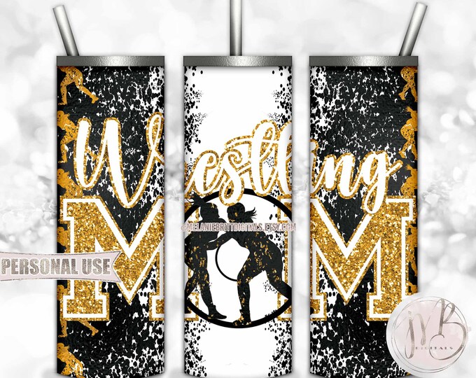 Athletic Gold Girl Wrestling Mom 20oz Skinny Tumbler Wrap Sublimation Download • Glitter Letters Wrestler Mom Gift • DIY Print & Press