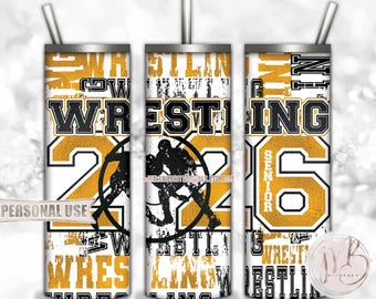 Athletic Gold Boy Wrestling Senior 2026 20oz Skinny Tumbler Wrap Sublimation Design • Wrestler Gift Wrestling Typography • DIY Print & Press