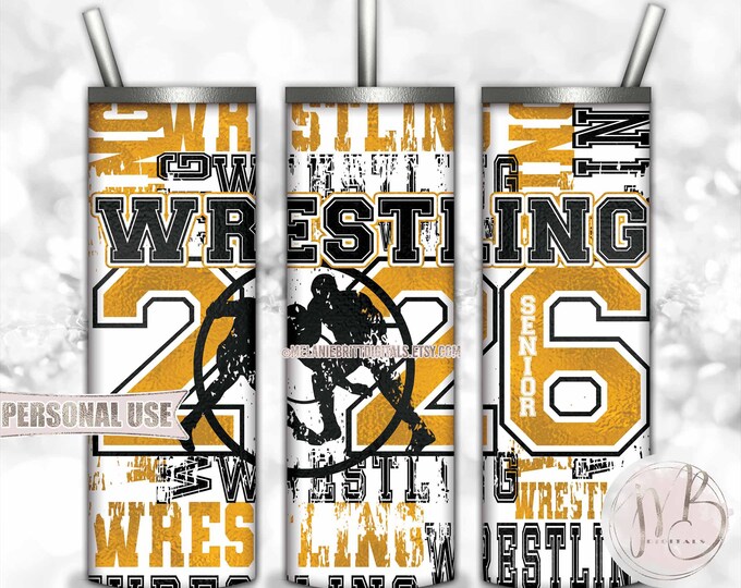 Boy Wrestling Senior 2026 Tumbler Download • Athletic Gold School Colors Wrestler Gift • Sublimation Print and Press