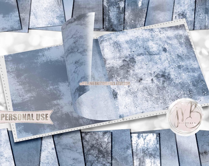 Winter Blues Grunge Scrapbook Paper Download • Blue Gray Distressed Worn Antiqued Vintage • DIY Scrapbooking Printable 20 12x12 JPG & PDF
