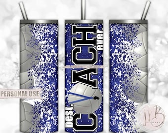Blue Volleyball Coach 20oz Skinny Tumbler Wrap Sublimation Download • Lanyard Whistle "Best Coach Ever" Gift • DIY Print and Press