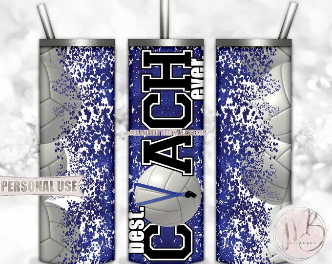 Blue Volleyball Coach 20oz Skinny Tumbler Wrap Sublimation Download • Lanyard Whistle "Best Coach Ever" Gift • DIY Print and Press