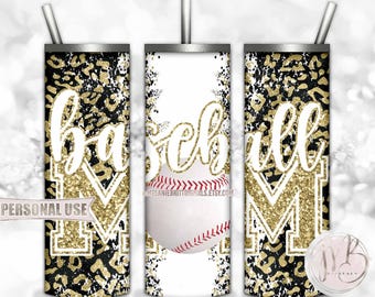 Gold Baseball Mom 20oz Skinny Tumbler Wrap Sublimation Design Download • Leopard Print Sports Mom Glitter Letters • DIY Print and Press