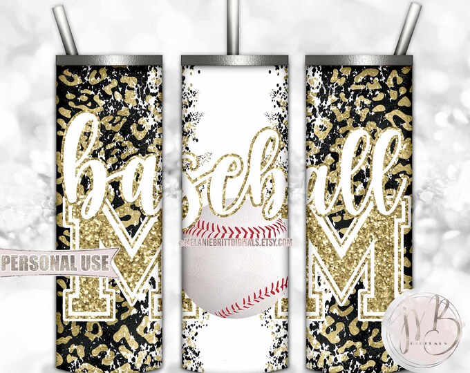 Gold Baseball Mom 20oz Skinny Tumbler Wrap Sublimation Design Download • Leopard Print Sports Mom Glitter Letters • DIY Print and Press