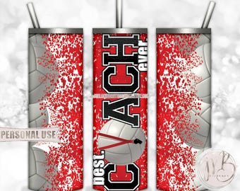 Red Volleyball Coach 20oz Skinny Tumbler Wrap Sublimation Design Download • Lanyard Whistle "Best Coach Ever" Gift • DIY Print and Press