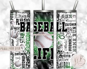 Baseball Life 20oz Skinny Tumbler Wrap Sublimation Design Download • Green and Black Tie Dye Typography Baseball Gift • DIY Print and Press