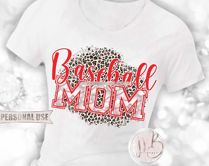 Red Baseball Mom T-Shirt Sublimation Design Download • Classic Leopard Print Baseball Varsity Letters Mom Gift • DIY Print and Press