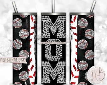 Bling Baseball Mom 20oz Skinny Tumbler Wrap Sublimation Design • Diamonds Sports Mom Rhinestone Baseballs Ball Mom Gift • DIY Print & Press