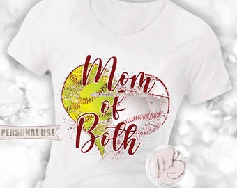 Maroon Baseball and Softball Mom of Both Heart T-Shirt Sublimation Design Download • School Sports Ball Park Mom Gift • DIY Print and Press