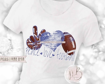 Blue Peace Love Football T-Shirt Sublimation Design Download • Distressed Glitter Hand Peace Sign Heart Sports Gift • DIY Print and Press