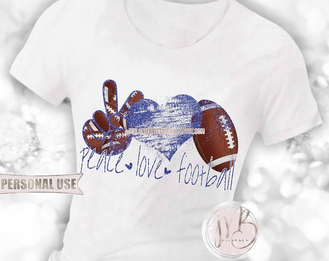 Blue Peace Love Football T-Shirt Sublimation Design Download • Distressed Glitter Hand Peace Sign Heart Sports Gift • DIY Print and Press