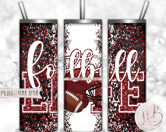 Maroon Football Life 20oz Skinny Tumbler Wrap Sublimation Design • Football Helmet Leopard Print School Sports Gift • DIY Print & Press