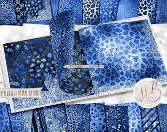 Blue Glam Leopard Print Scrapbook Paper Download • Sparkling Glitter and Shimmering Foil Design • Printable Paper Crafts 20 12x12 JPG & PDF