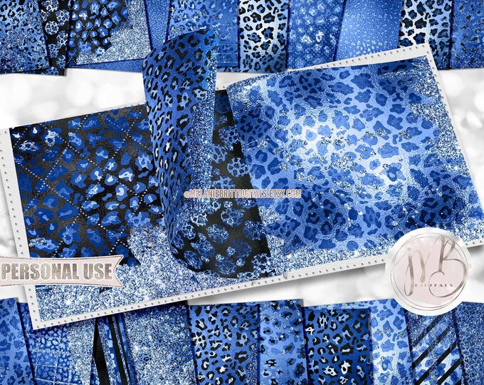Glam Leopard Print Scrapbook Paper Download • Blue Sparkling Glitter and Shimmering Foil • Scrapbooking Printable