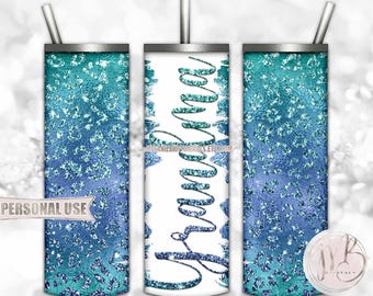 Grandma 20oz Skinny Tumbler Wrap Sublimation Design • Glittery Blue Turquoise Leopard Print and Embossed Lettering • DIY Print and Press