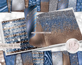 Blue Brown and Gray Luxury Scrapbook Paper Download • Luxurious Sparkling Glitter and Foil Design • Printable Paper Crafts 20 12x12 JPG PDF