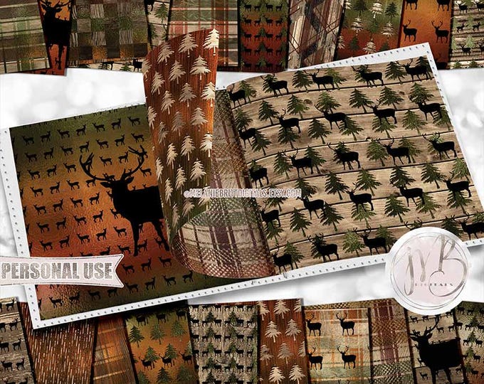 Autumn Woodland Scrapbook Paper Download • Rustic Wood Forest Trees Deer Buck Doe • Scrapbooking Printable