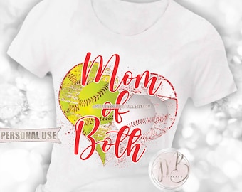 Red Baseball and Softball Mom of Both Heart T-Shirt Sublimation Design Download • School Sports Ball Park Mom Gift • DIY Print and Press
