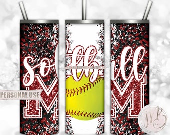 Maroon Softball Mom 20oz Skinny Tumbler Wrap Sublimation Design Download • Leopard Print Glitter Sports Mom • Sublimation Crafts