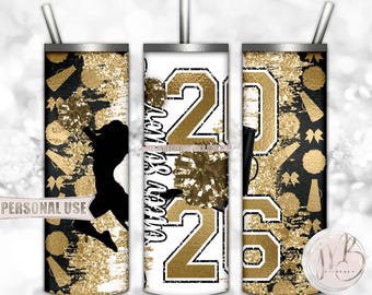 Gold Cheer Senior 2026 20oz Skinny Tumbler Wrap Sublimation Design • Pom Pom Megaphone Glitter Senior Cheerleader Gift • DIY Print and Press