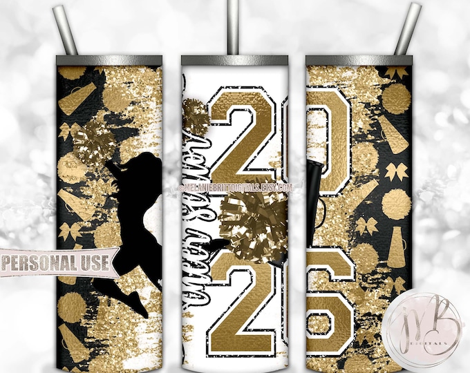 Gold Cheer Senior 2026 20oz Skinny Tumbler Wrap Sublimation Design • Pom Pom Megaphone Glitter Senior Cheerleader Gift • DIY Print and Press