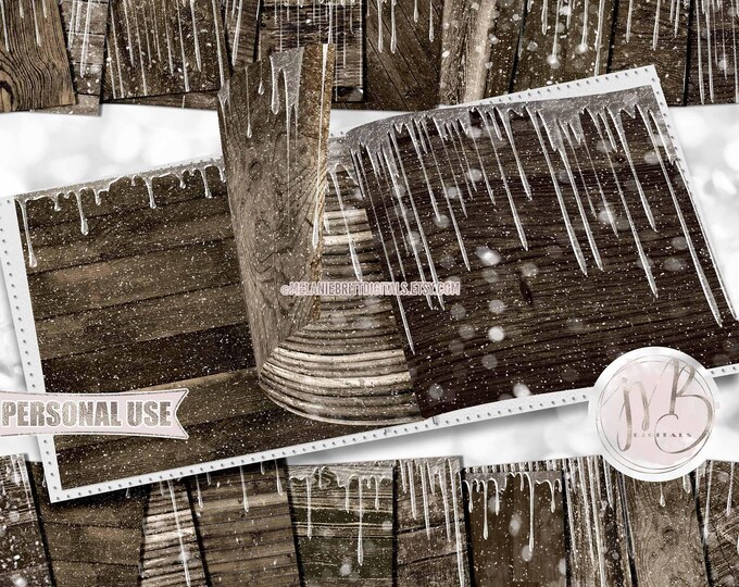 Winter Icicle Scrapbook Paper Download • Dripping Icicles Falling Snow Dark Rustic Wood Design • Printable Paper Crafts 20 12x12 JPG & PDF